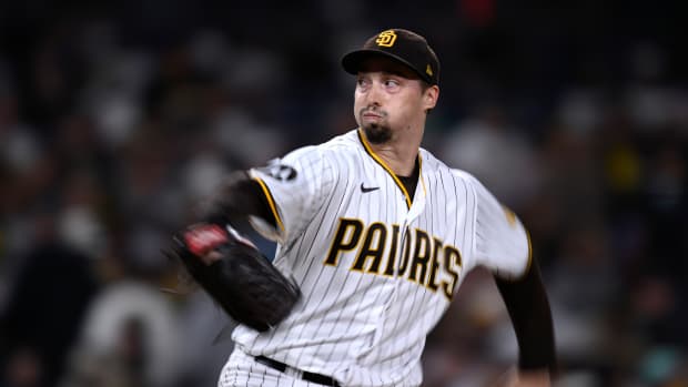Sep 19, 2023; San Diego, California, USA; San Diego Padres starting pitcher Blake Snell (4) throws a pitch against the Colorado Rockies during the fifth inning at Petco Park. Mandatory Credit: Orlando Ramirez-USA TODAY Sports